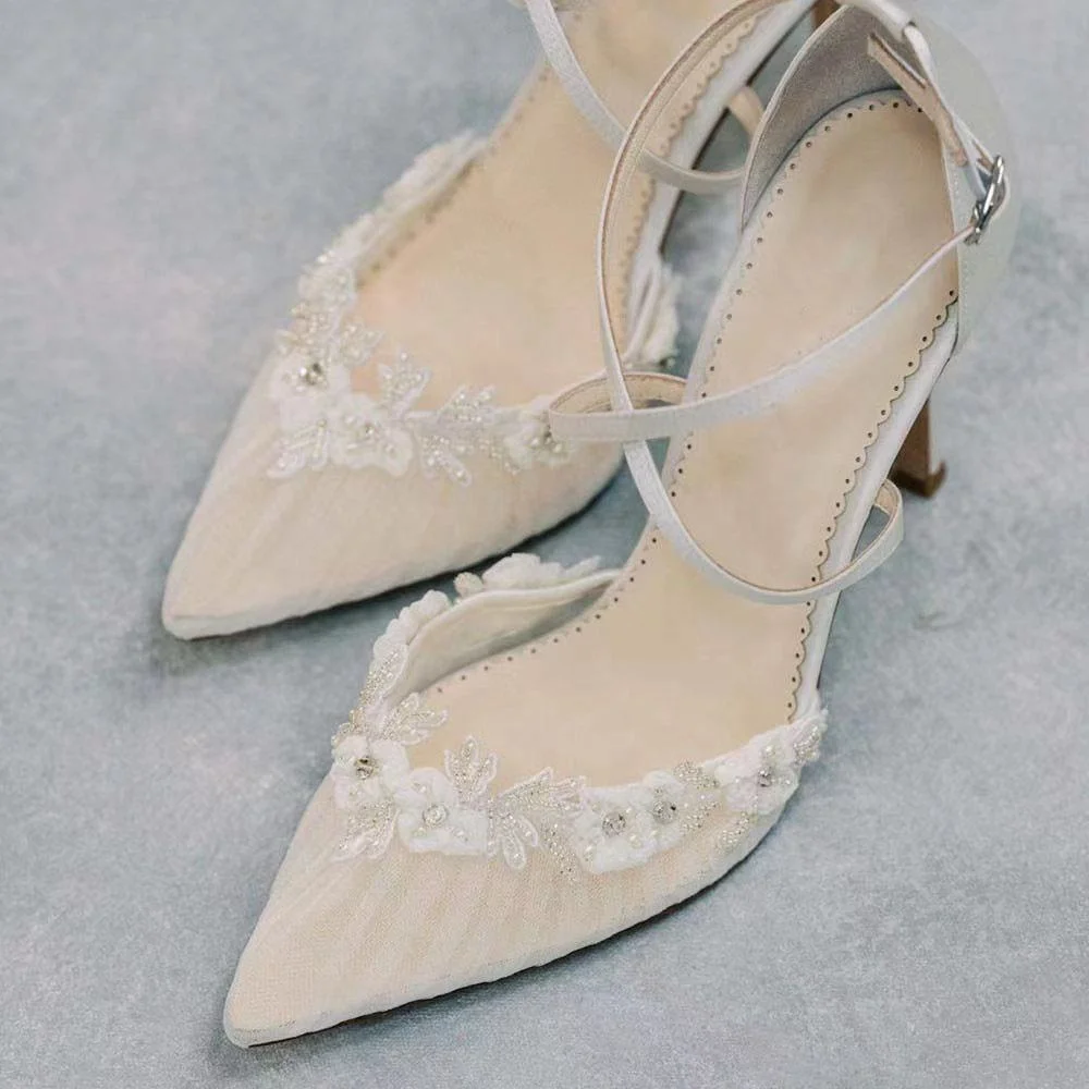 White Satin Pointed Toe Buckle Strap Ladies Pumps Bridal Wedding Shoes