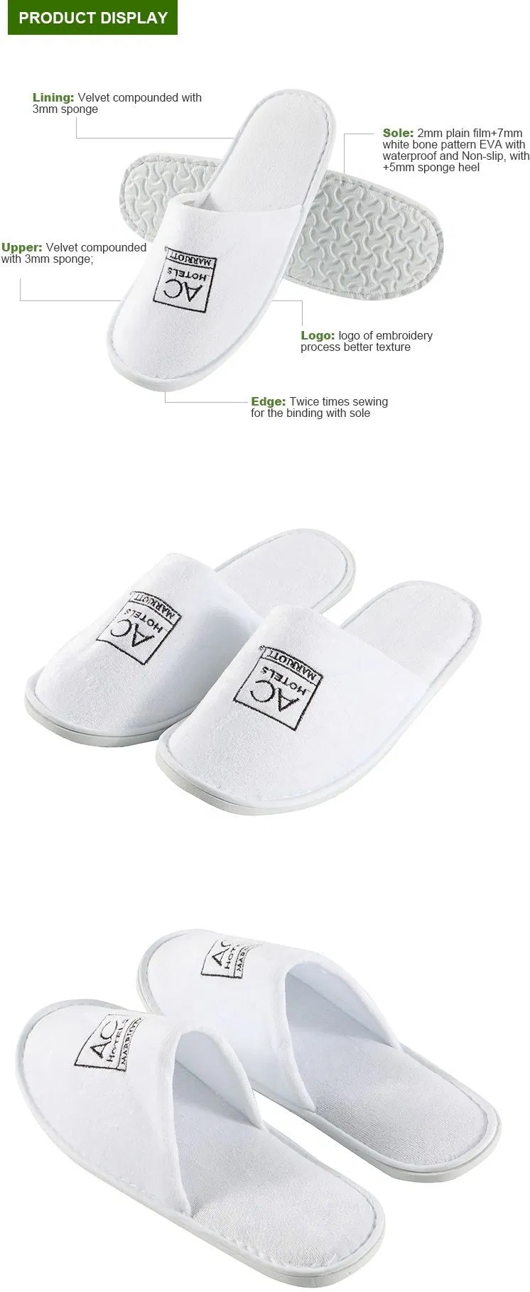 High Quality Anti-Slip EVA Sole Hotel Slipper with Cotton Waffle Fabric for Adults and Kids