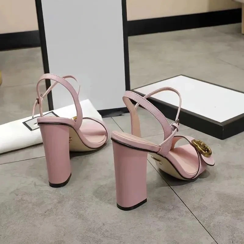 Classic High Heeled Sandals Designer Shoes Fashion 100% Leather Women Dance Shoe Sexy Heels Suede Lady Metal Belt Buckle Thick Heel Woman Shoes Large Size 35-42