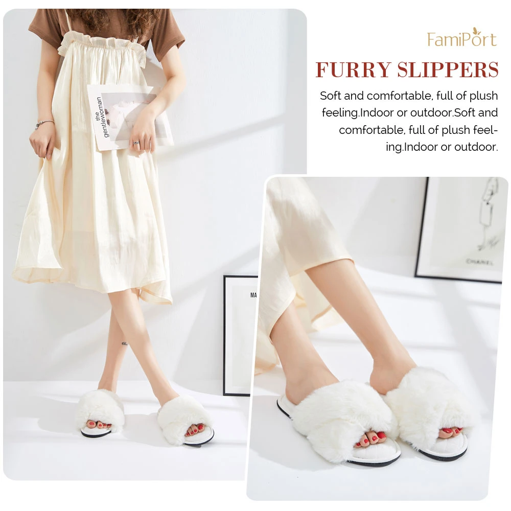 Women&prime;s Cross Band Fuzzy Slippers Fluffy Open Toe House Slippers Grey/Pink/Black/White/Red Soft Bedroom Shoes Wedding Bride Slippers for Girls Women Female