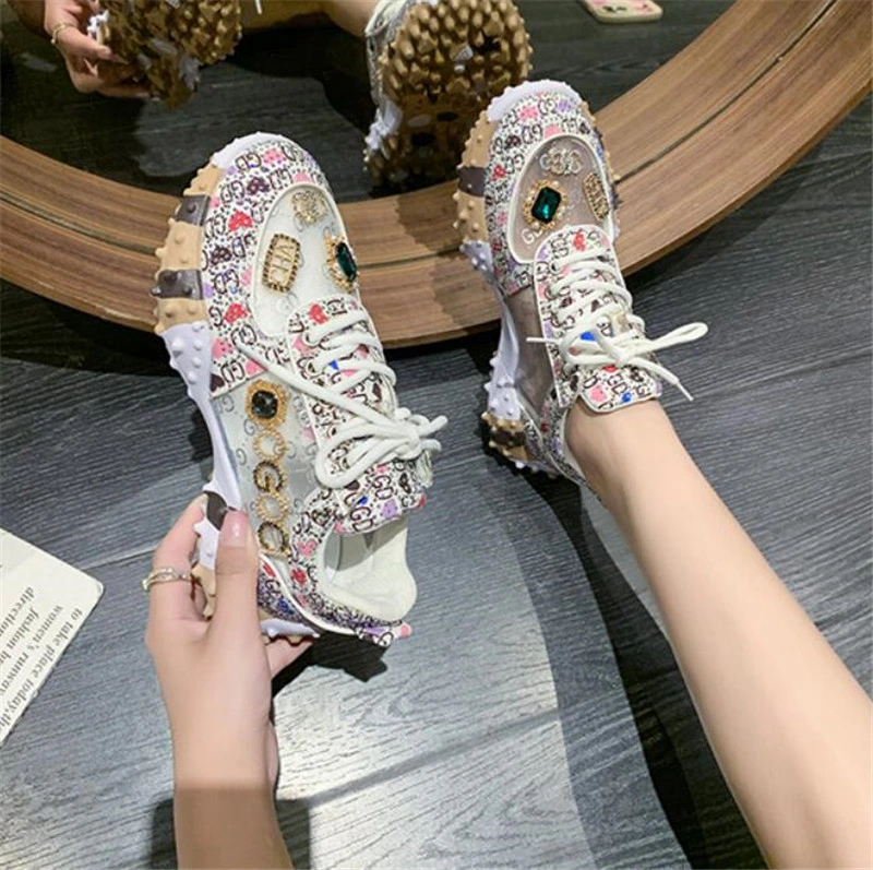 Girl Mesh Breathable Athletic Walking Shoes Diamond-Bordered Women&prime;s Rubber Bling Rhinestone Rivet Shoes