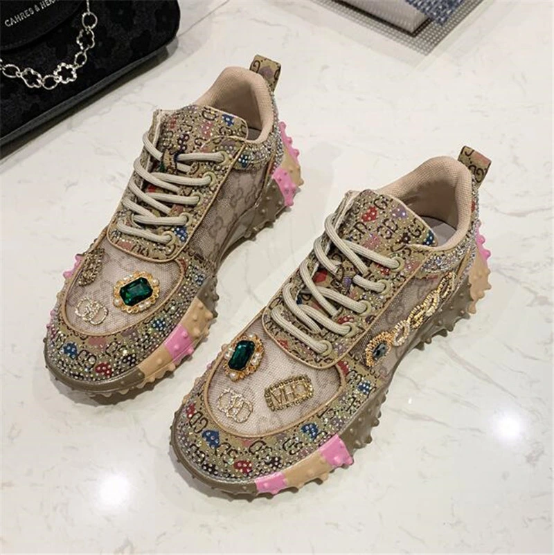 Girl Mesh Breathable Athletic Walking Shoes Diamond-Bordered Women&prime;s Rubber Bling Rhinestone Rivet Shoes