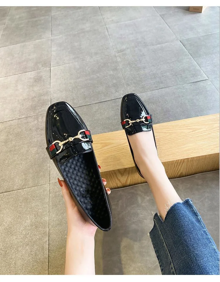 New Arrival Leather Square Toe Pump Shoes Fashion Metal Buckle Slip-on Casual Low Heel Women&prime;s Flat Shoes