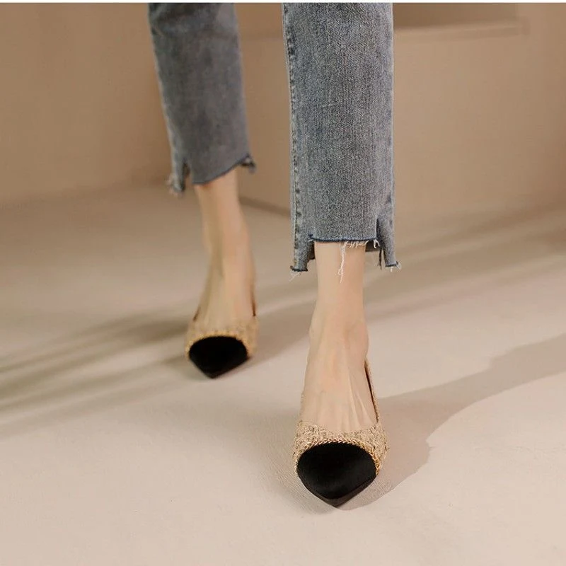 Pointed Toe Flat Boat Shoes New Metal Chain Color Matching Retro Elegant Comfortable Soft Linen Cloth Flat Pump Shoes for Women