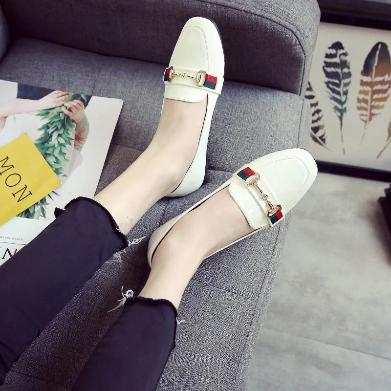 New Arrival Leather Square Toe Pump Shoes Fashion Metal Buckle Slip-on Casual Low Heel Women&prime;s Flat Shoes