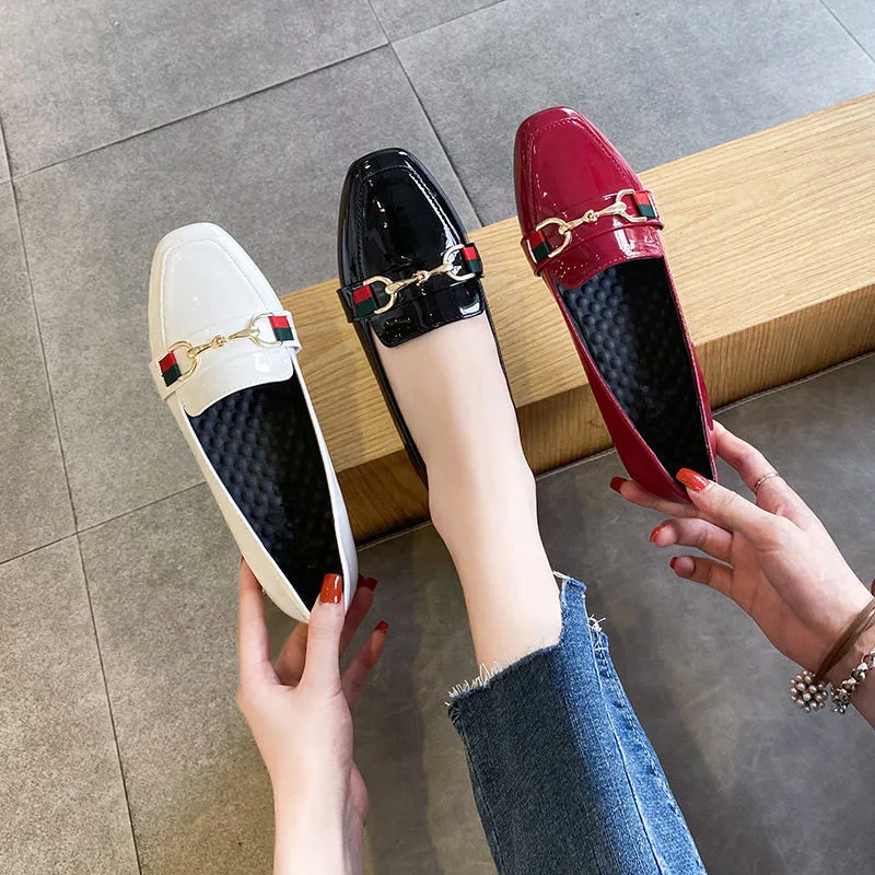 New Arrival Leather Square Toe Pump Shoes Fashion Metal Buckle Slip-on Casual Low Heel Women&prime;s Flat Shoes