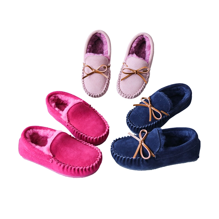 Cheap Handmade Children Leather Sheepskin Bow Furry Winter Soft Moccasins