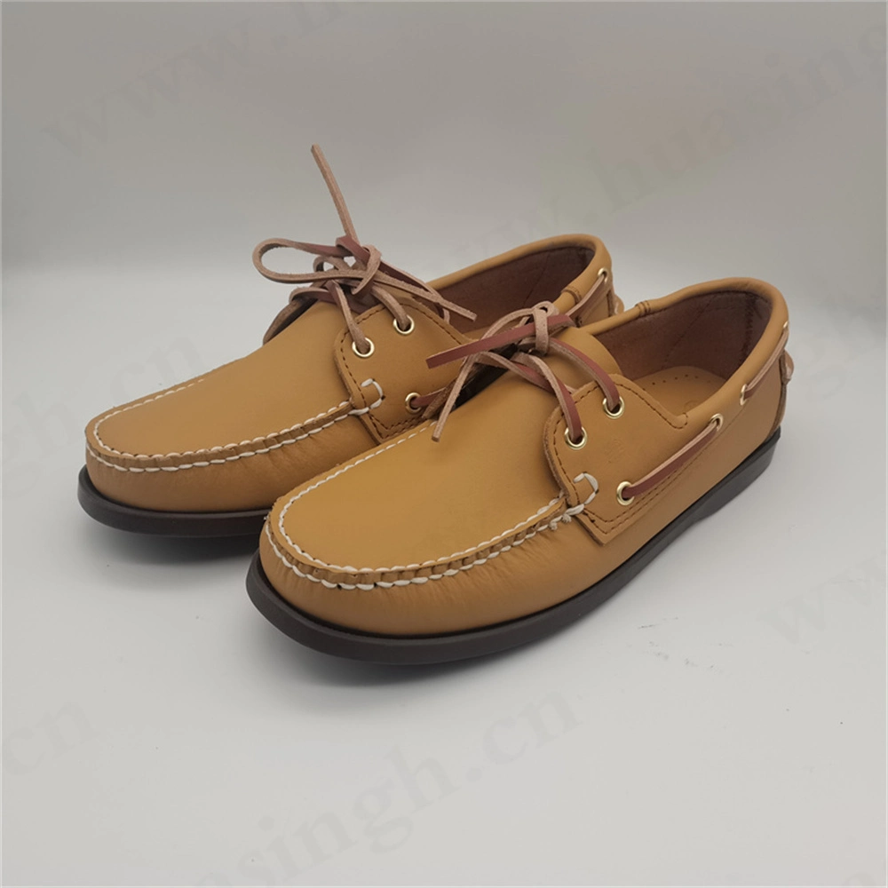 Ywq, Premium Soft Prue Hand-Made Full Leather Fashion Peash Shoe 2023 New Style Lace-up Anti-Slip Rubber Outsole Honey Color Boat Shoe Hsw081