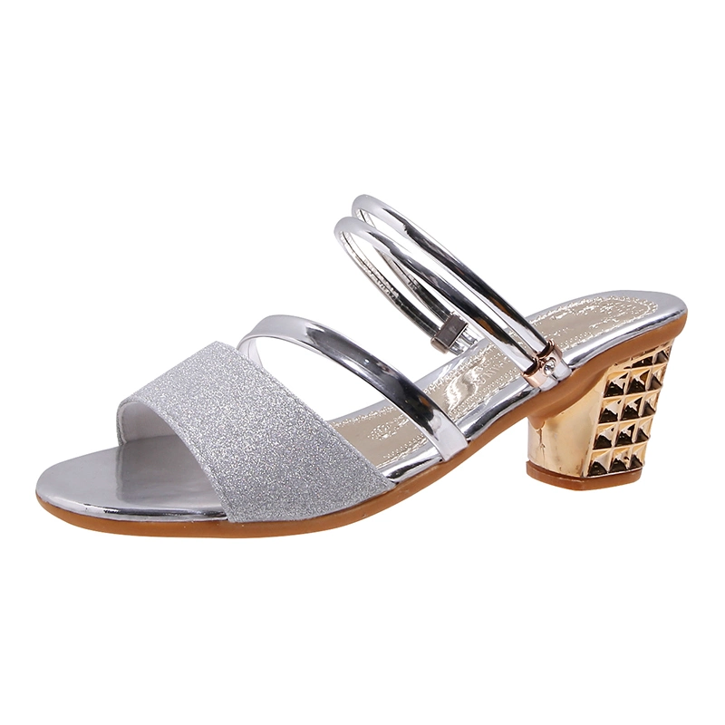 Fashion Summer Round Toe Chunky Heel Sequin Cloth Material Comfortable Slip-on Sandals Women Shoes