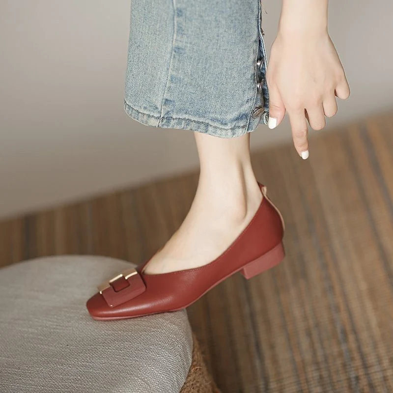 Leather Color Matching Square Buckle Female Pump Shoes Fashion Square Toe Super Soft Flat Ballet Shoes for Women