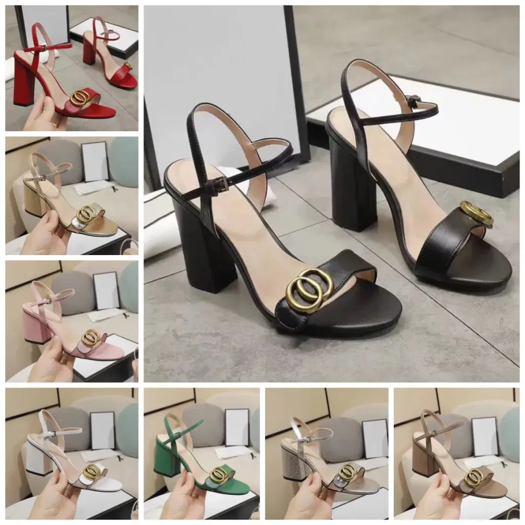 Classic High Heeled Sandals Designer Shoes Fashion 100% Leather Women Dance Shoe Sexy Heels Suede Lady Metal Belt Buckle Thick Heel Woman Shoes Large Size 35-42