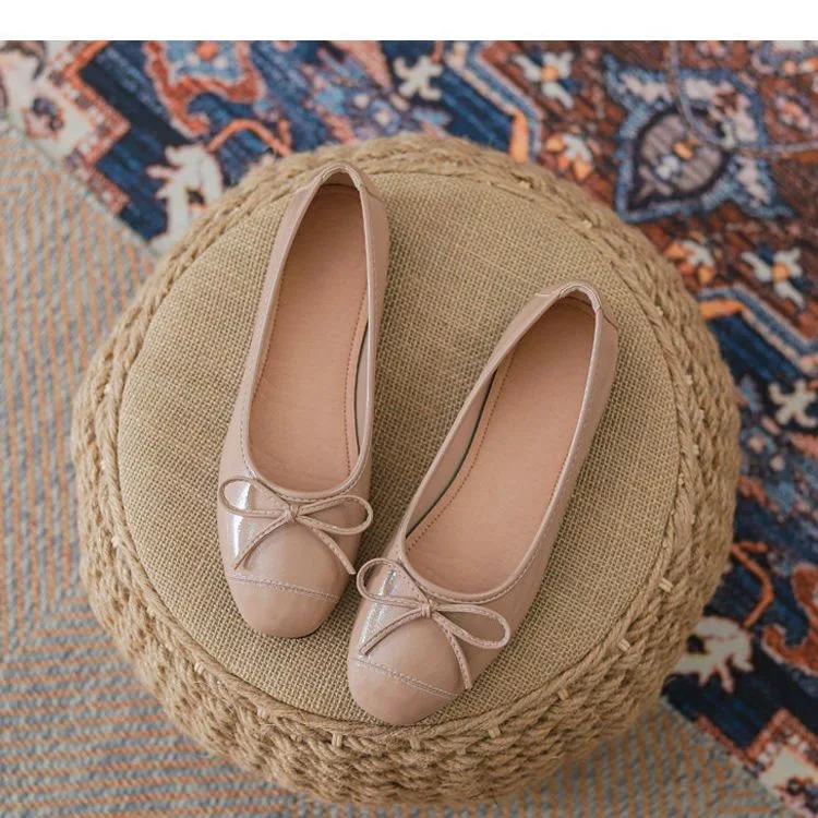 Flat Bow Knot Female Shoes New Ballet Leather Bean Shoes Soft Sole Fashion Flat Pumps for Women