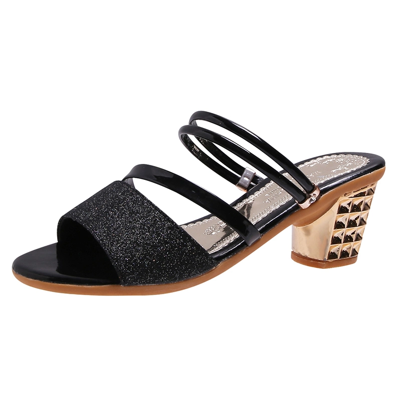 Fashion Summer Round Toe Chunky Heel Sequin Cloth Material Comfortable Slip-on Sandals Women Shoes