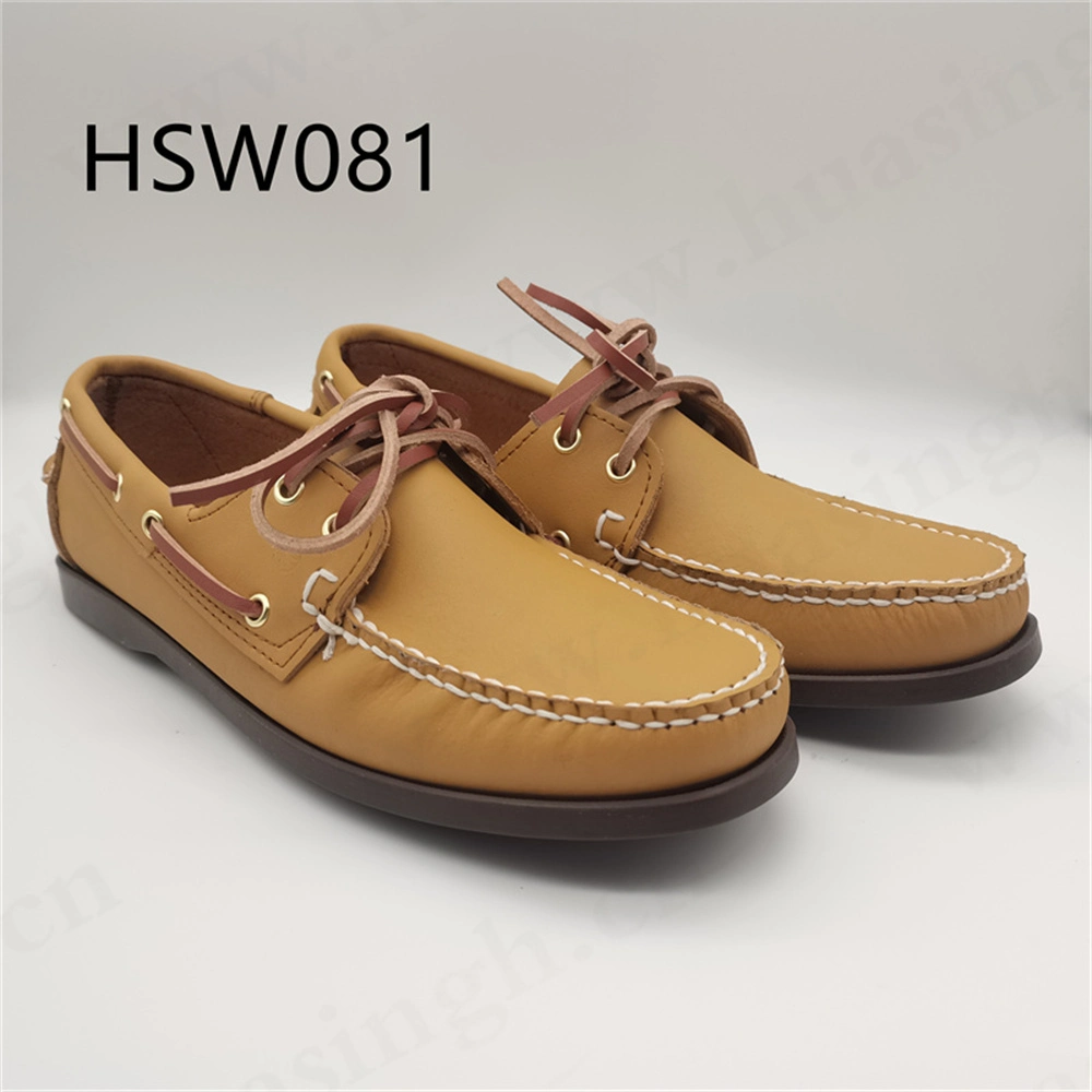 Ywq, Premium Soft Prue Hand-Made Full Leather Fashion Peash Shoe 2023 New Style Lace-up Anti-Slip Rubber Outsole Honey Color Boat Shoe Hsw081