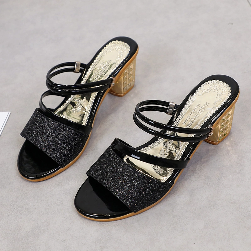 Fashion Summer Round Toe Chunky Heel Sequin Cloth Material Comfortable Slip-on Sandals Women Shoes