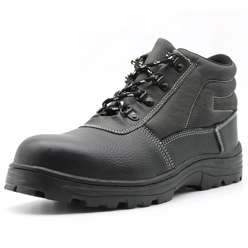 Oil Acid Resistant Anti Slip Rubber Sole Black Genuine Cow Leather Steel Toe Steel MID Plate Men Industrial Safety Shoes