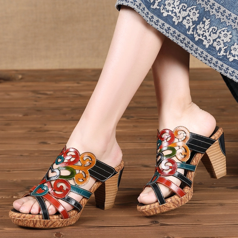 Bohemia Leather Stitching Open Toe Leopard Slip on Mules High Heel Sandals