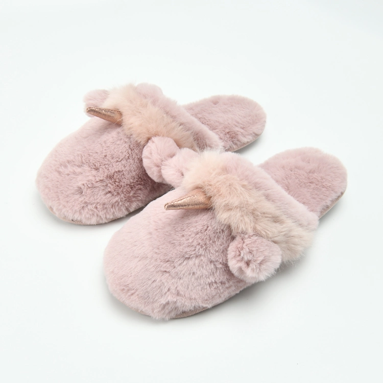 Pink Lovely Cute Unicorn Fur Fluffy Furry Kids Girls Indoor Animal Mule Slippers for Girls