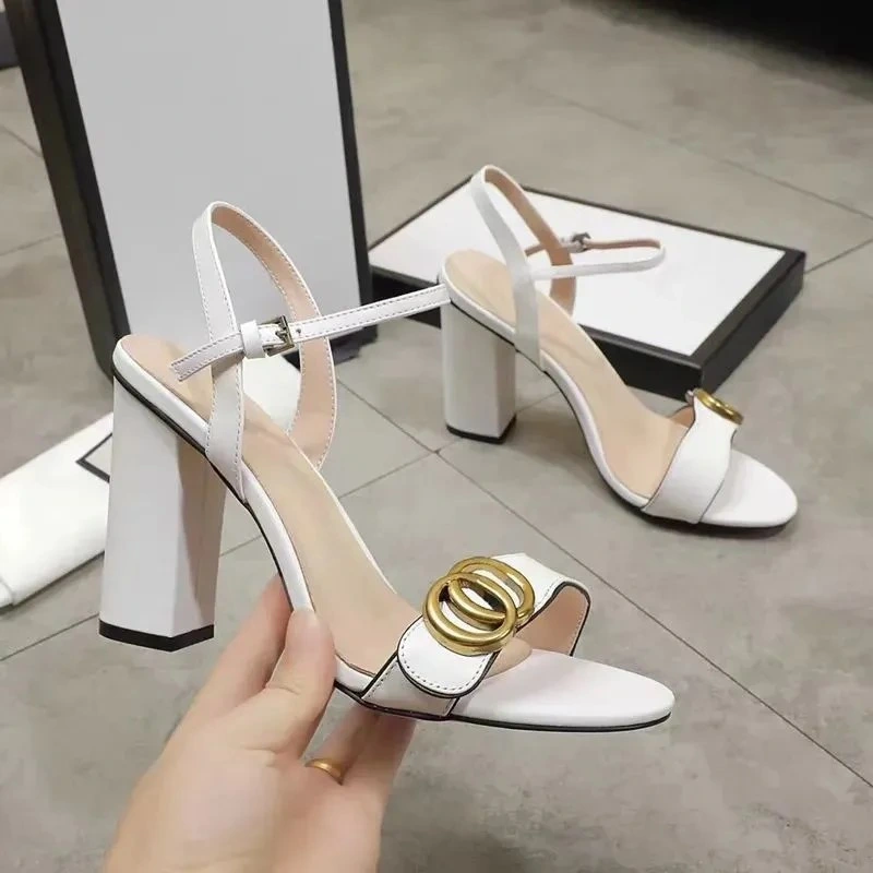 Classic High Heeled Sandals Designer Shoes Fashion 100% Leather Women Dance Shoe Sexy Heels Suede Lady Metal Belt Buckle Thick Heel Woman Shoes Large Size 35-42