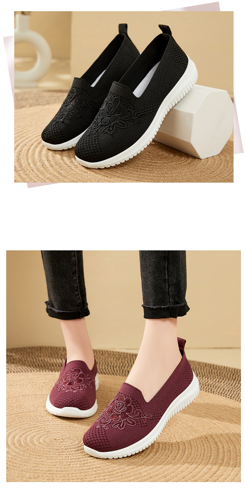 New Design Outdoor Slip-on Embroidered Anti-Slip Casual Shoes for Elderly Ladies