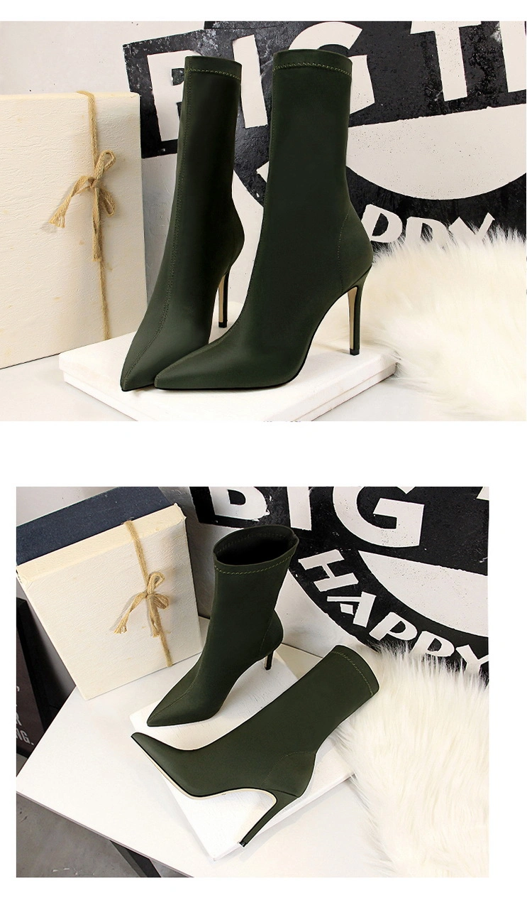 Simple Women&prime;s Boots Stiletto Super High Heels Sexy Nightclub Pedicure Slim Pointed Silk Satin Stretch Fabric Booties Women Shoes Fa315-1