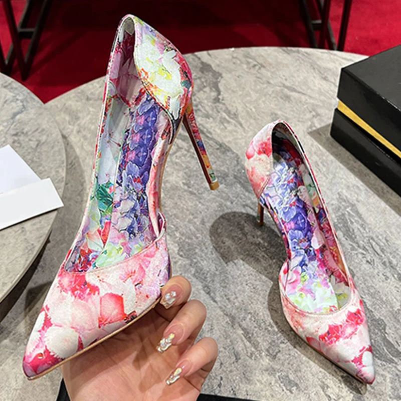 Floral Silk Sandals Designer Sandals Women Round Toe Print Bow 10cm Stiletto Heels Slips on Fashion Slides Leather Summer Party Dress Luxury Queen Evening Shoes