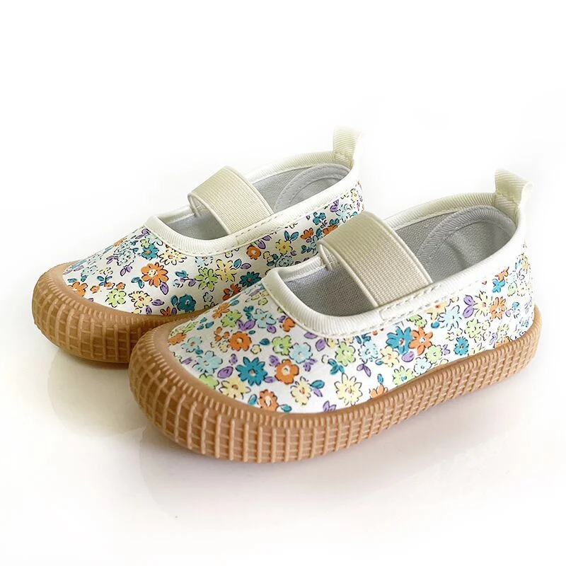 Children Four Seasons Canvas Shoes Soft Soled Floral Girls Shoes Elastic Kindergarten Dance Small White Shoes Baby Walking Shoes