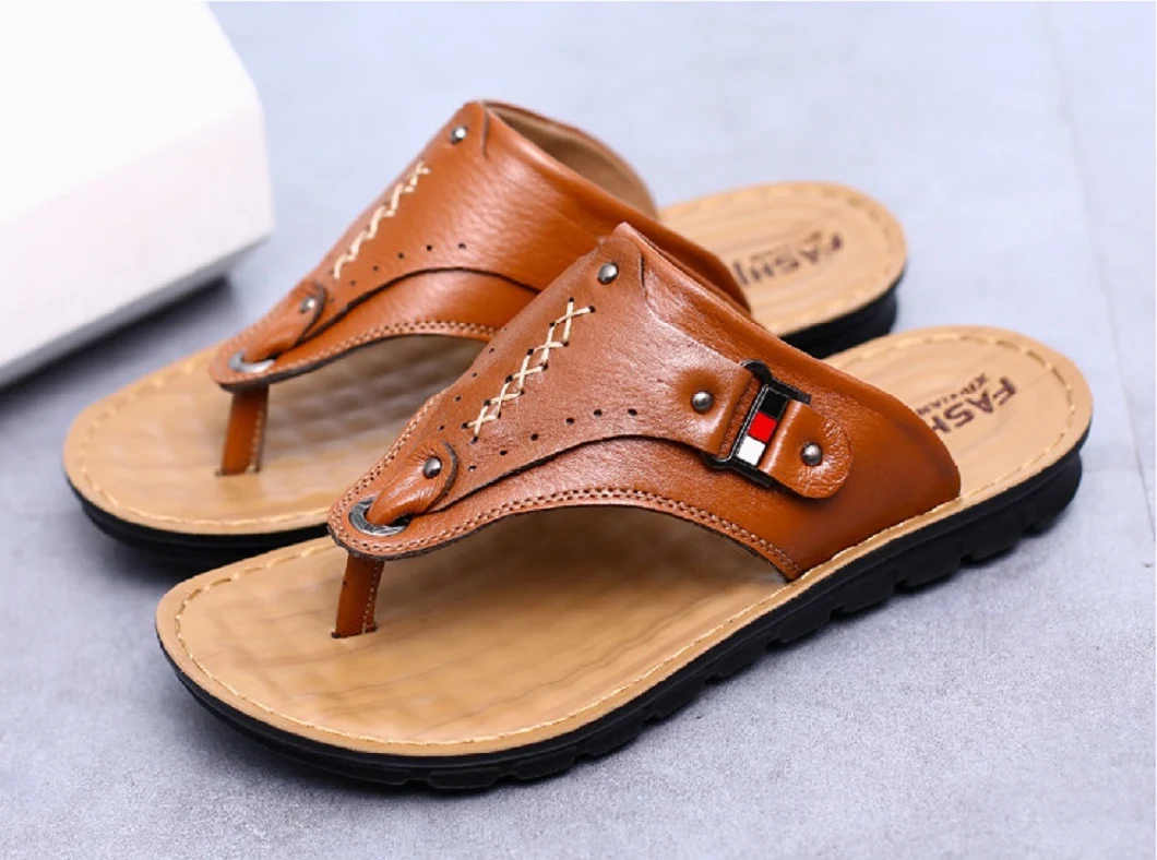 Men Leather Slippers Open Toe Slipper Casual Leather Sandals Comfortable Shoes Daily Wear Summer Beach Outdoor Slip-on Esg14132