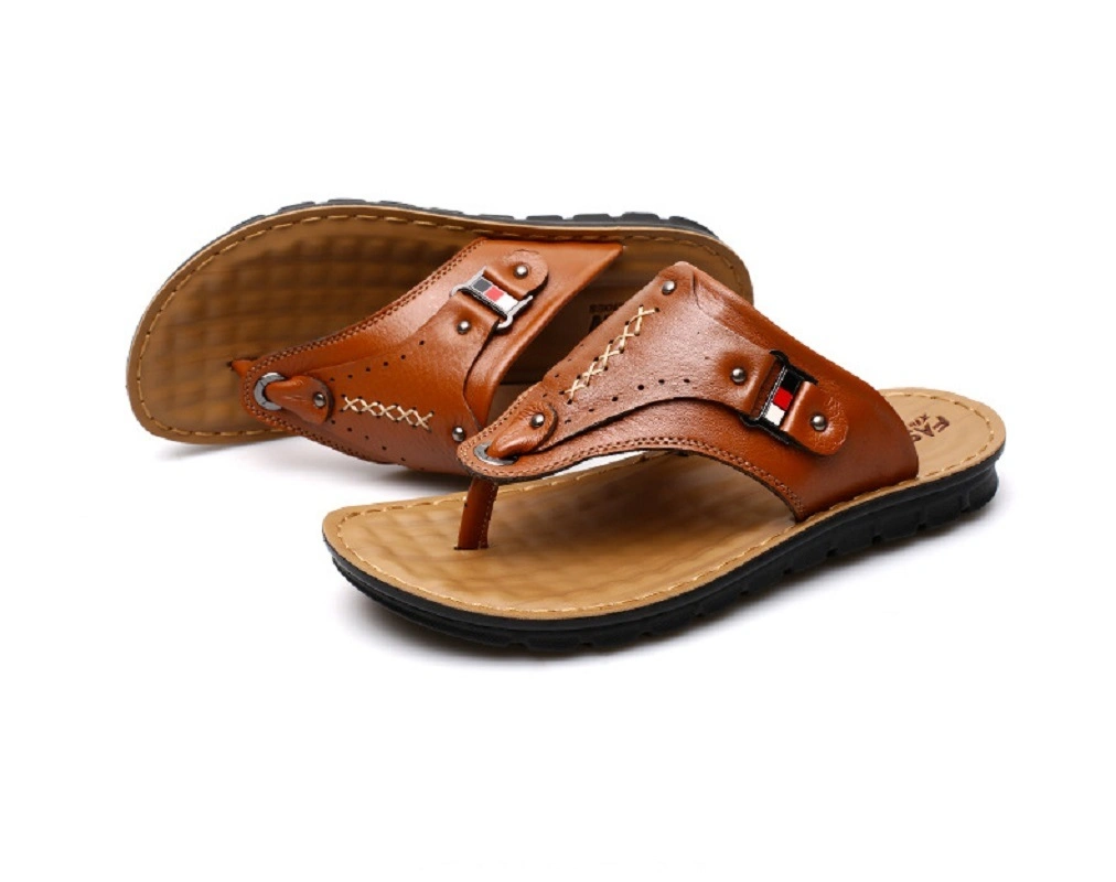 Men Leather Slippers Open Toe Slipper Casual Leather Sandals Comfortable Shoes Daily Wear Summer Beach Outdoor Slip-on Esg14132