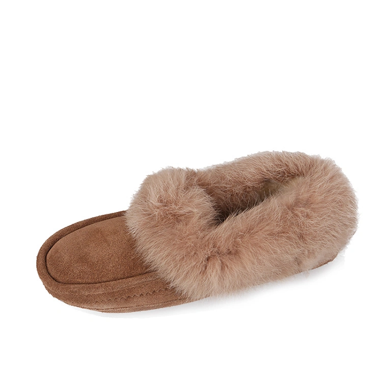 Indoor Soft Cow Suede Leather Outsole Sheepskin Fur Winter Casual Moccasin Shoes