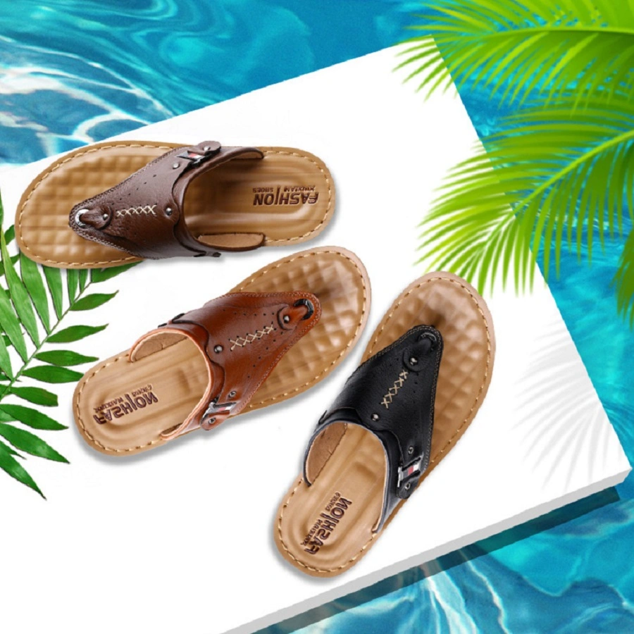 Men Leather Slippers Open Toe Slipper Casual Leather Sandals Comfortable Shoes Daily Wear Summer Beach Outdoor Slip-on Esg14132