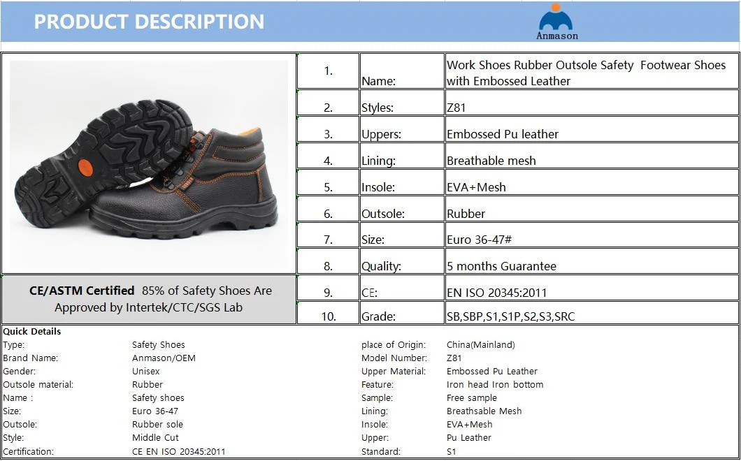 Cheap PU Leather Iron Toe Cap Work Safety Boots Shoes