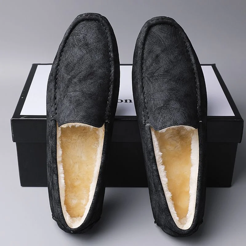 Warm Male Leather Bean Shoes Winter Soft Sole Slip-on Casual Loafers Driving Shoes for Men