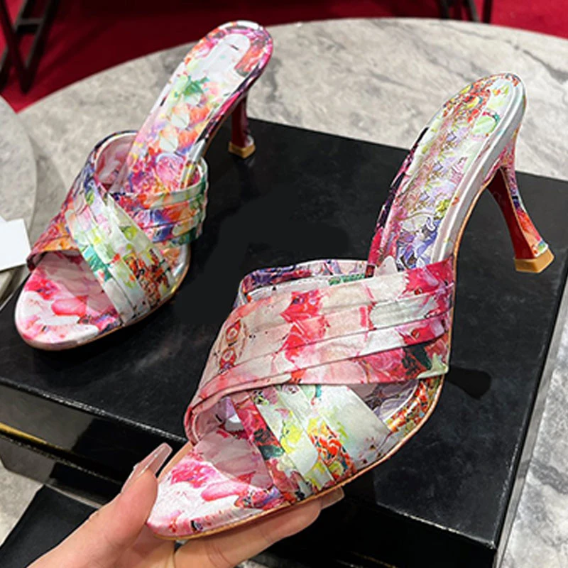 Floral Silk Sandals Designer Sandals Women Round Toe Print Bow 10cm Stiletto Heels Slips on Fashion Slides Leather Summer Party Dress Luxury Queen Evening Shoes