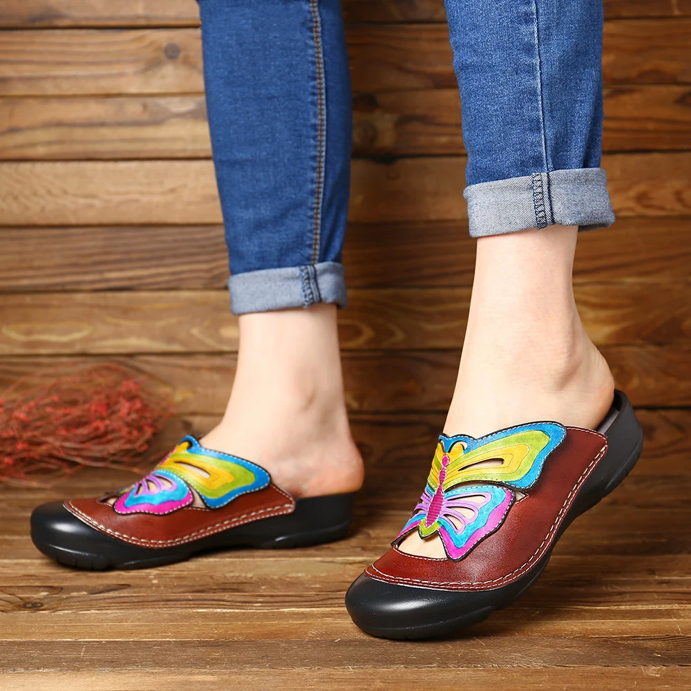 Women Close Toe Leather Slip on Slippers Retro Style Hippie Shoes