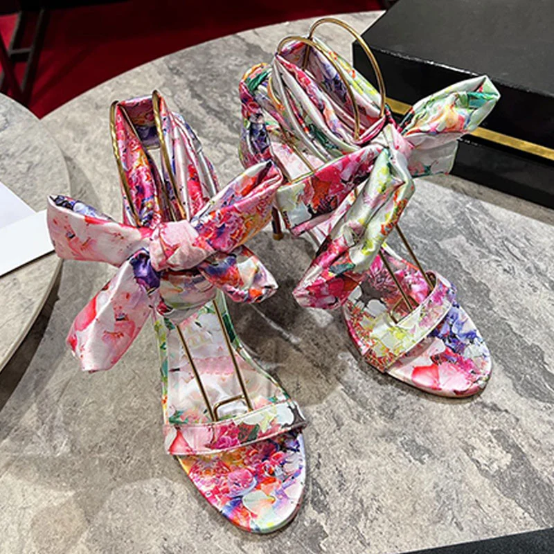 Floral Silk Sandals Designer Sandals Women Round Toe Print Bow 10cm Stiletto Heels Slips on Fashion Slides Leather Summer Party Dress Luxury Queen Evening Shoes