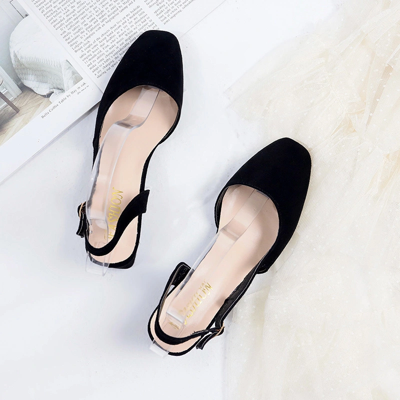 Women Basic Shoes Suede Slingback Straps Cut-out Shoe Chunky MID Heels Round Toe Hand-Made Dress Shoes with Adjustable Buckle Esg14044