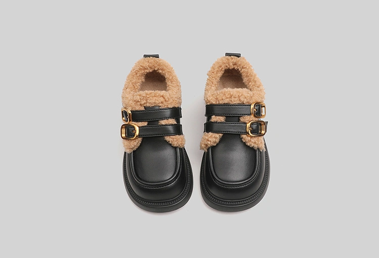 Children&prime;s English Style Plus Cashmere Two Cotton Warm Small Leather Shoes 2023 Winter Shoes