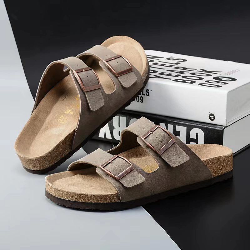 Summer Couple Flat Bottom Frosted Sandals Leather Boken Cork Slippers Slotted Beach Casual Shoes for Nme and Women