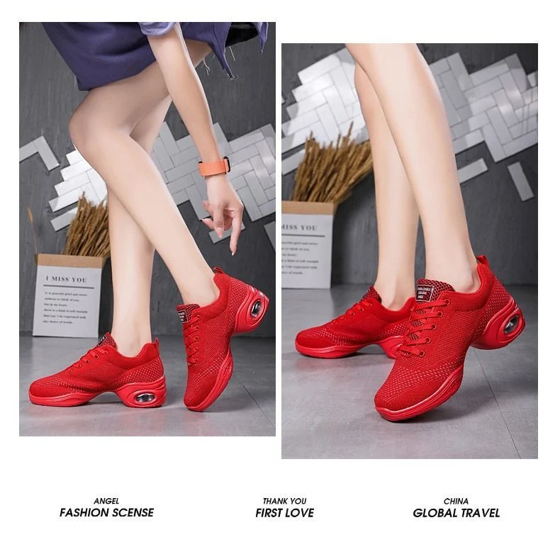 New Designed Female Dancing Sneakers Breathable Fly Woven Soft Sole Platform Air Cushion Casual Shoes for Women