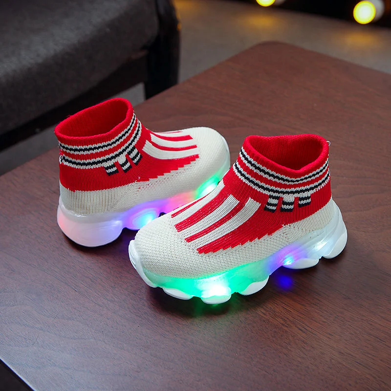 New Boys Socks Shoes LED Lights Girls Sneakers Fashion Flying Woven Luminous Sports Shoes for Kids