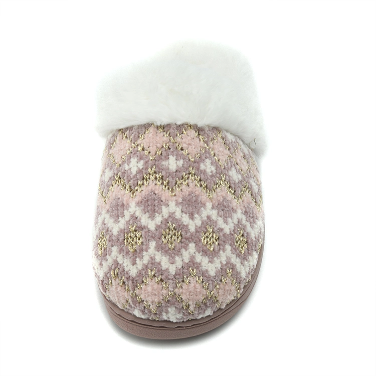 New Arrival Chenille Knit Fur Collar TPR Outsole Mule Pink Women&prime;s Indoor Slippers