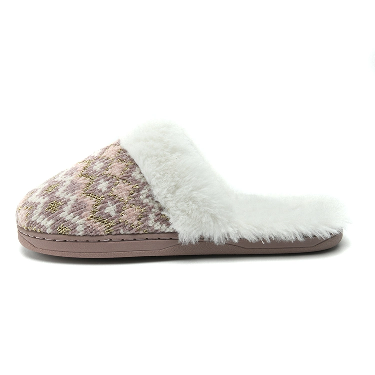 New Arrival Chenille Knit Fur Collar TPR Outsole Mule Pink Women&prime;s Indoor Slippers