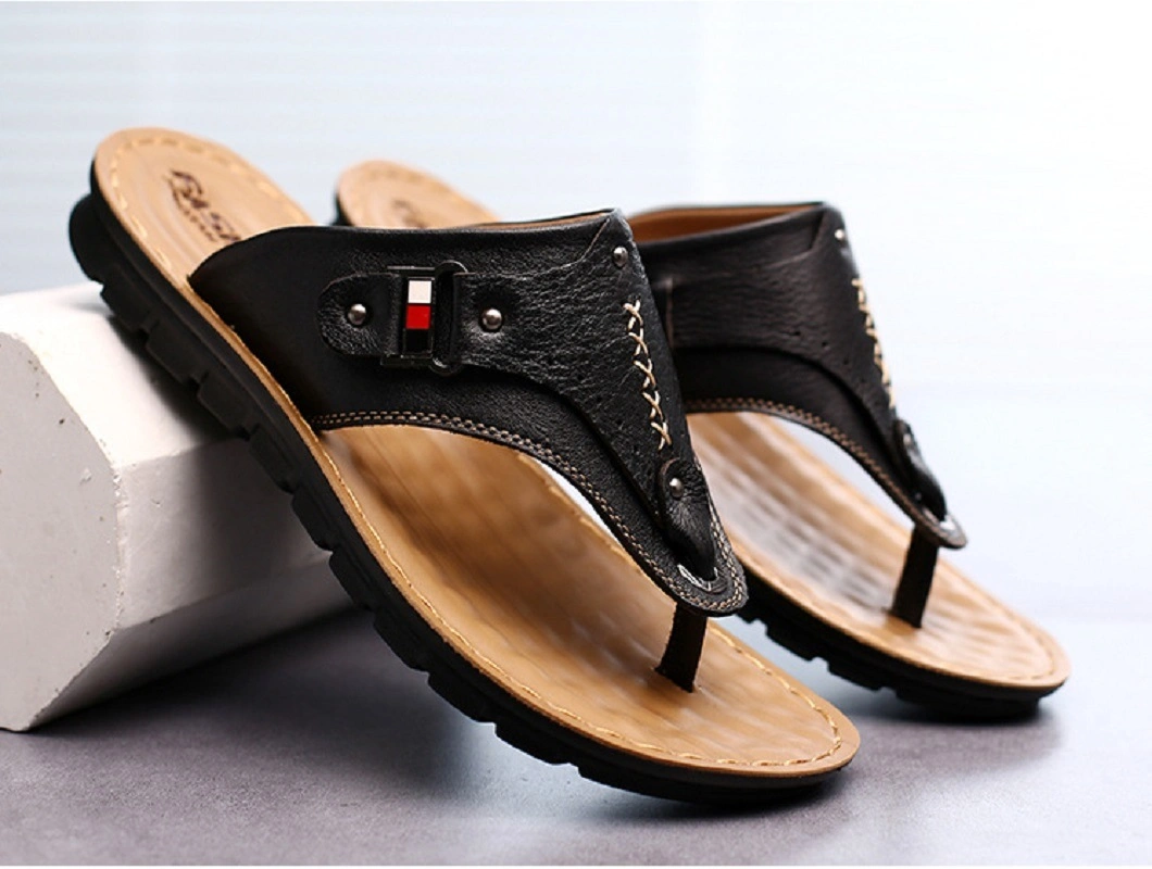 Men Leather Slippers Open Toe Slipper Casual Leather Sandals Comfortable Shoes Daily Wear Summer Beach Outdoor Slip-on Esg14132