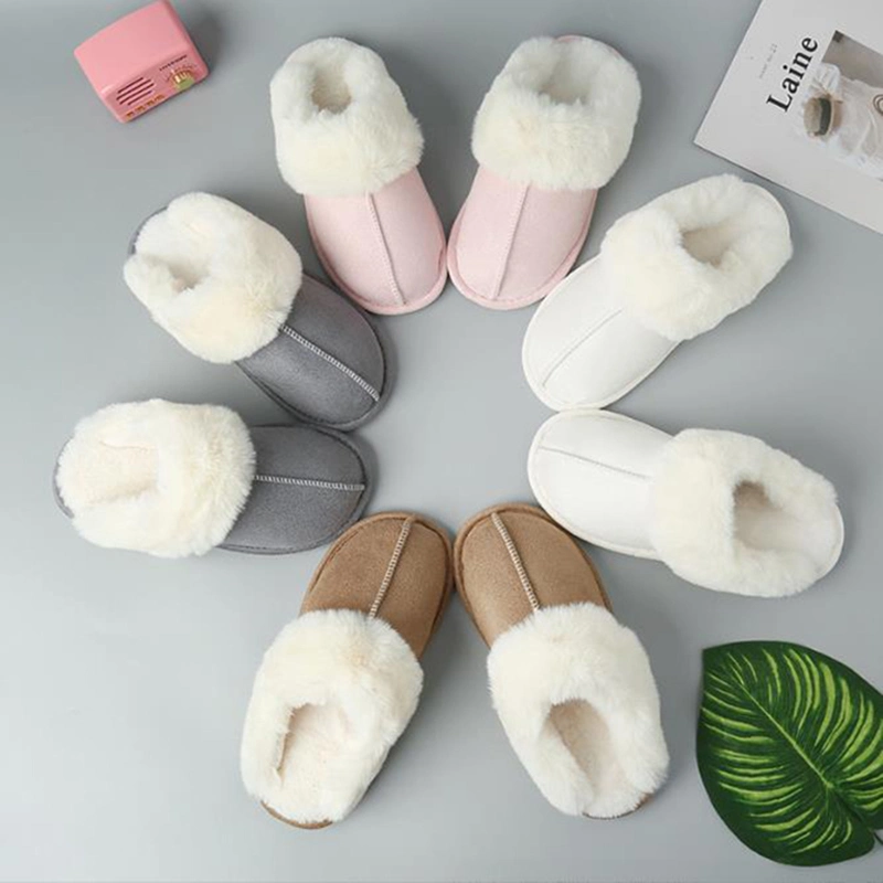 Ladies Faux Fur Mules Women Winter Warm Plush Bedroom Couple Cotton Slippers