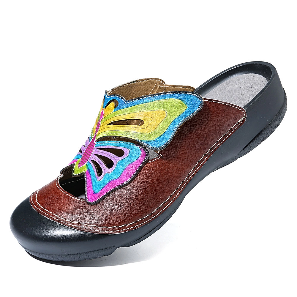 Women Close Toe Leather Slip on Slippers Retro Style Hippie Shoes