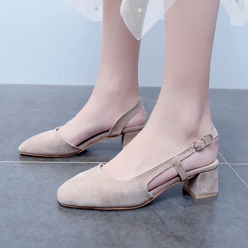 Women Basic Shoes Suede Slingback Straps Cut-out Shoe Chunky MID Heels Round Toe Hand-Made Dress Shoes with Adjustable Buckle Esg14044