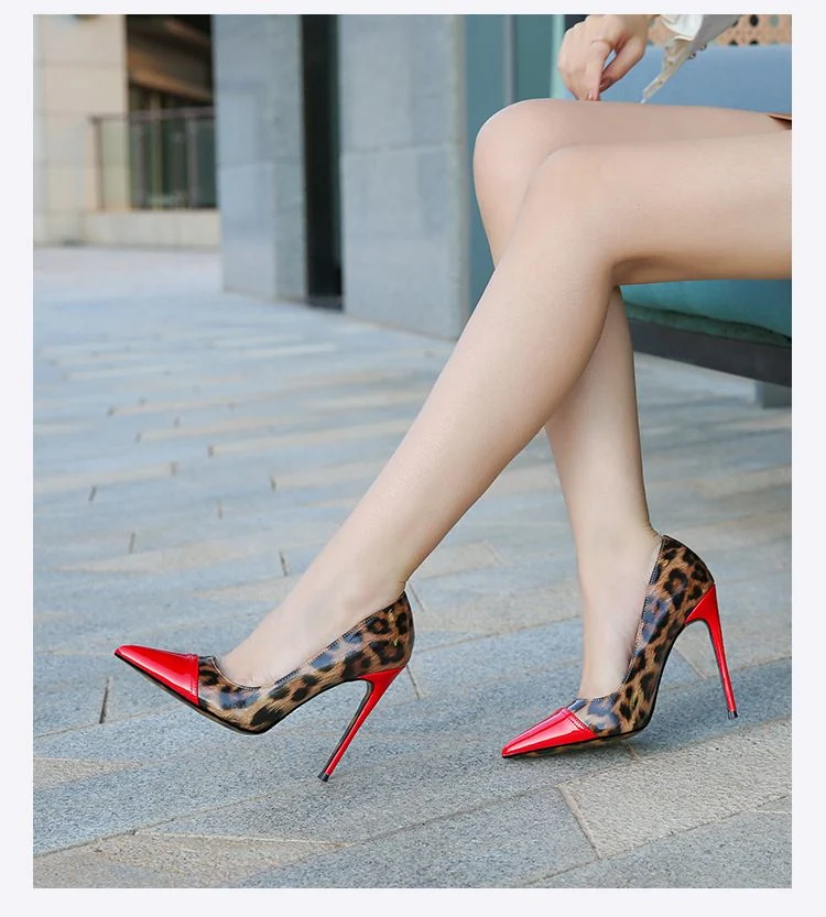 Sexy Leopard-Print Fashion Patent Leather Patchwork Nightclub High Heels Ladies Stiletto Heels Pointy Pump Shoes Party Dress Shoes for Women