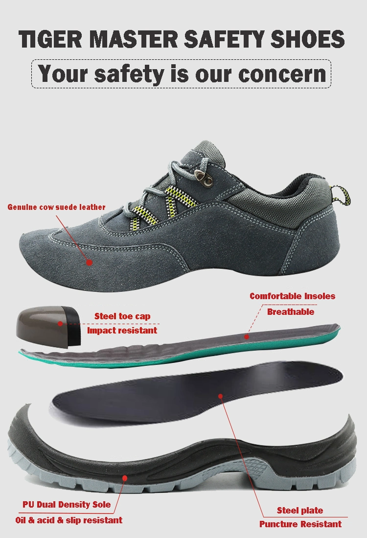 CE Oil Acid Resistant Non-Slip PU Sole Cow Suede Leather Steel Toe Anti Puncture Warehouse Sport Style Safety Shoes for Men