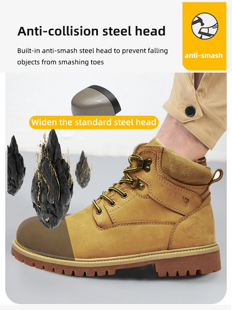 6 Inch Steel Toe Construction Work Boot Slip on Wheat Leather Working Shoes for Men Safety